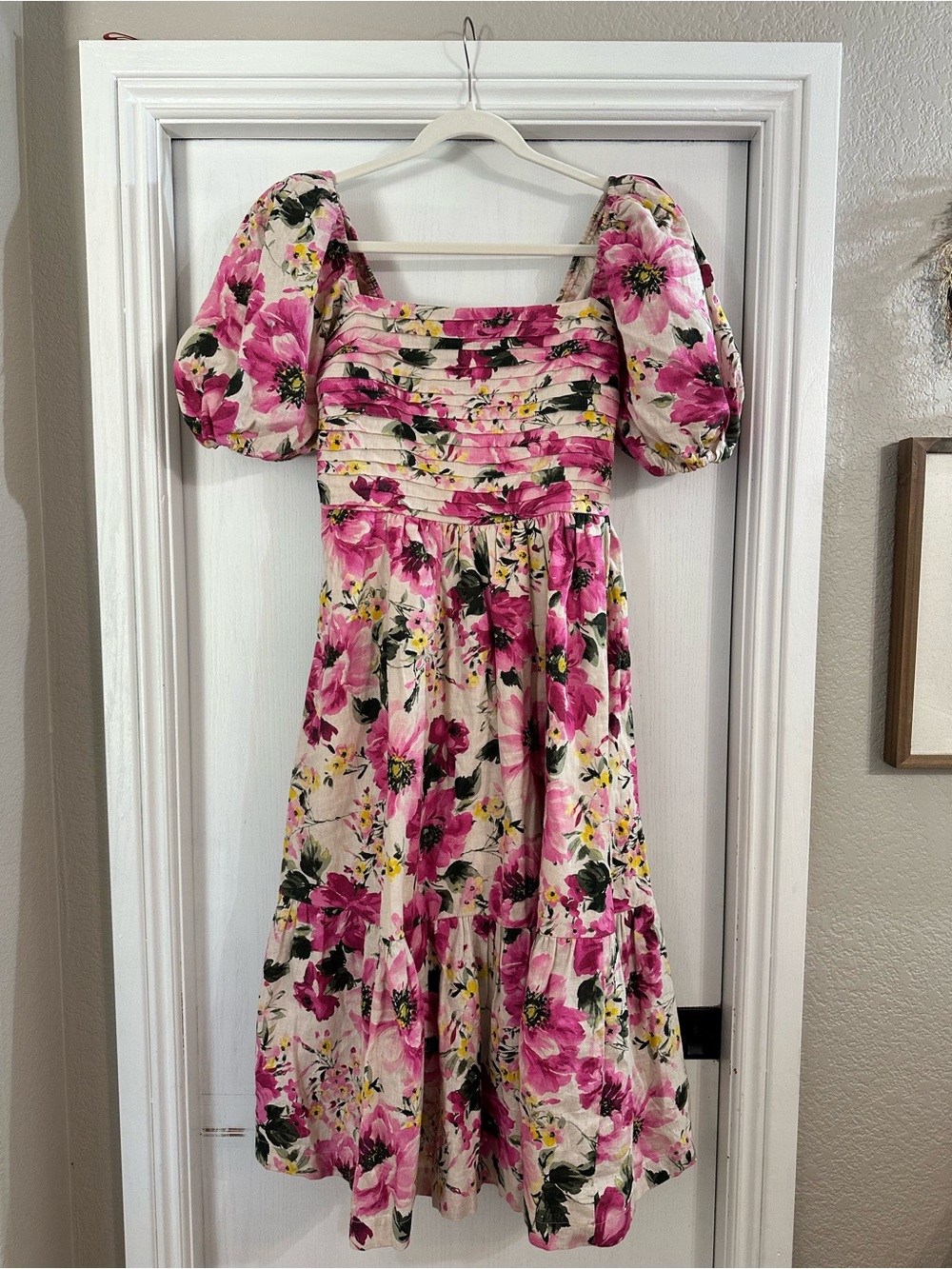 Abercrombie & Fitch Pink Floral Puff-Sleeve Midi Dress on Cream